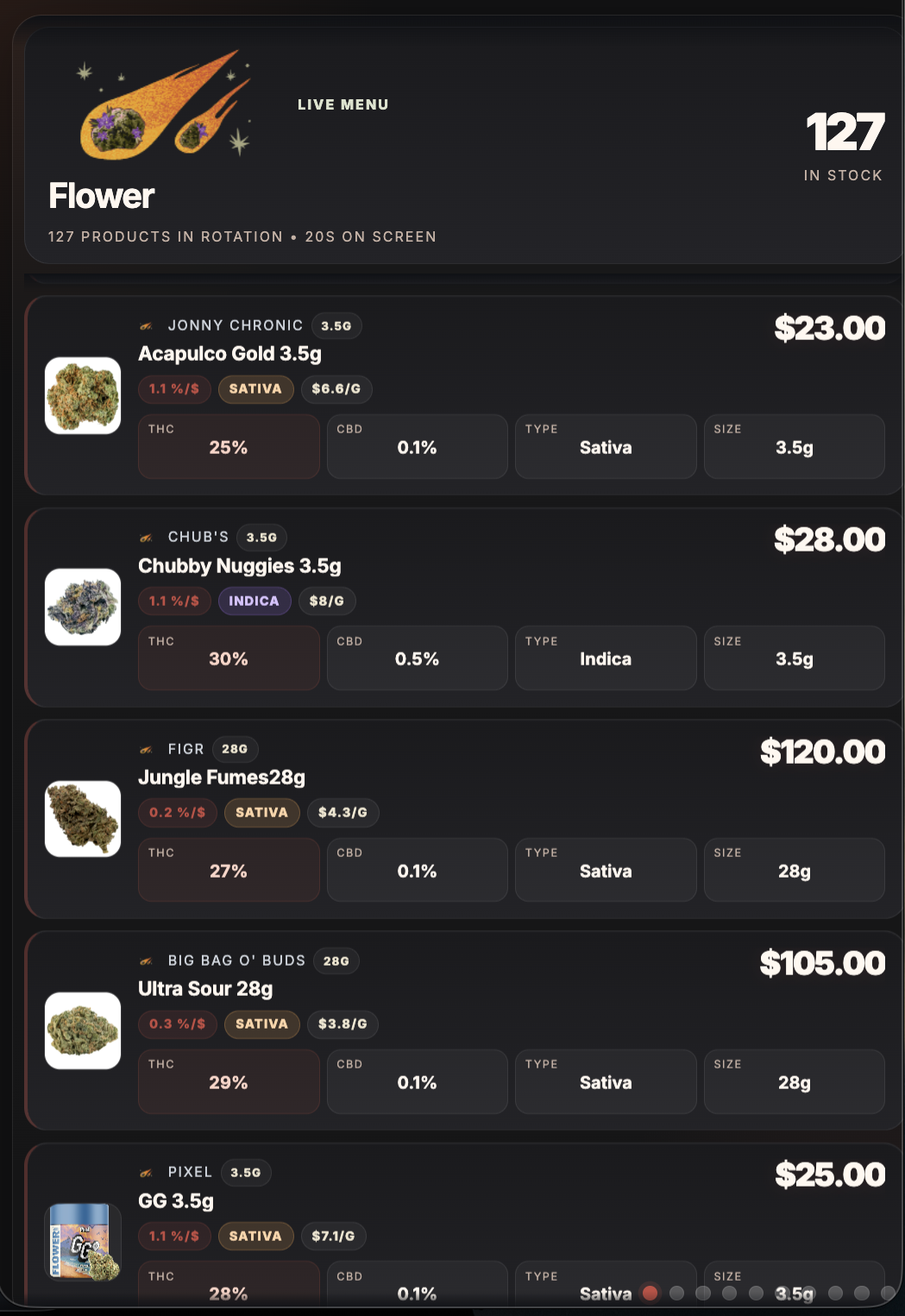 Live flower menu screen — 127 products in rotation